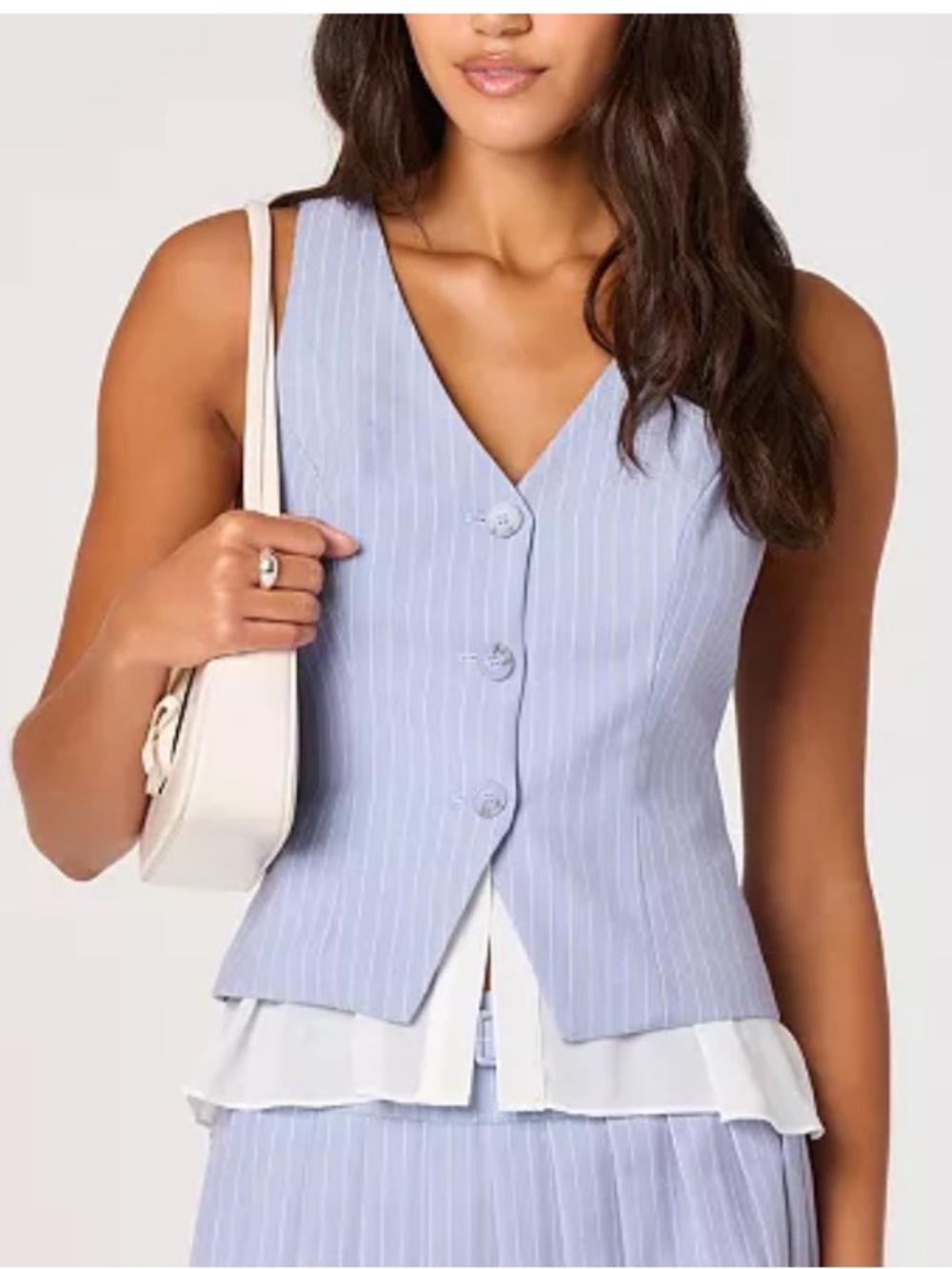 New Astr The Label Light Blue White Pinstripe Tailored Ruffle Hem Vest Large